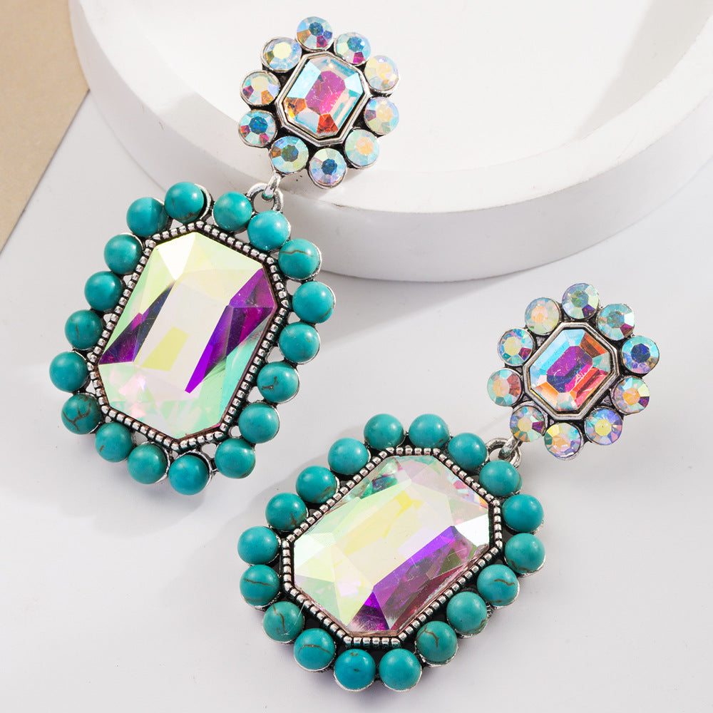 Wholesale Colored diamond exaggerated Bohemian inlaid pearl turquoise earrings